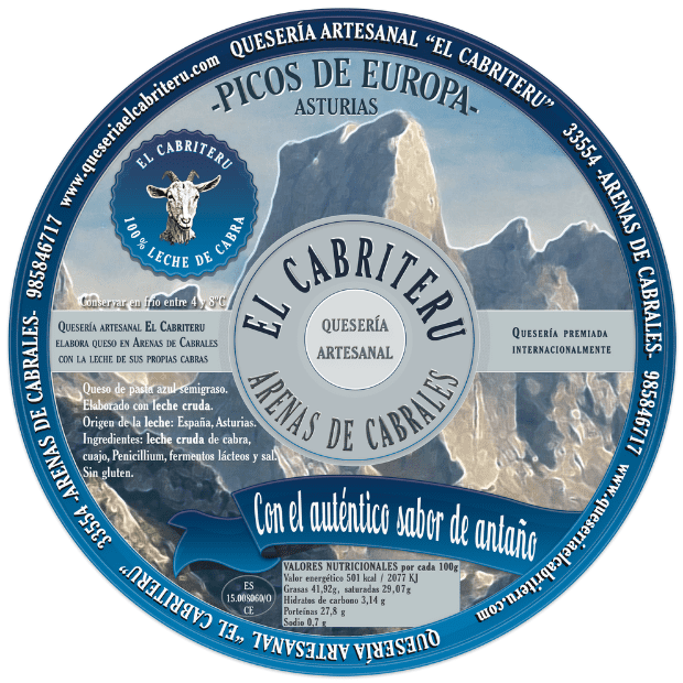 etiqueta azul del queso 100 % leche cruda de cabra de El Cabriteru 